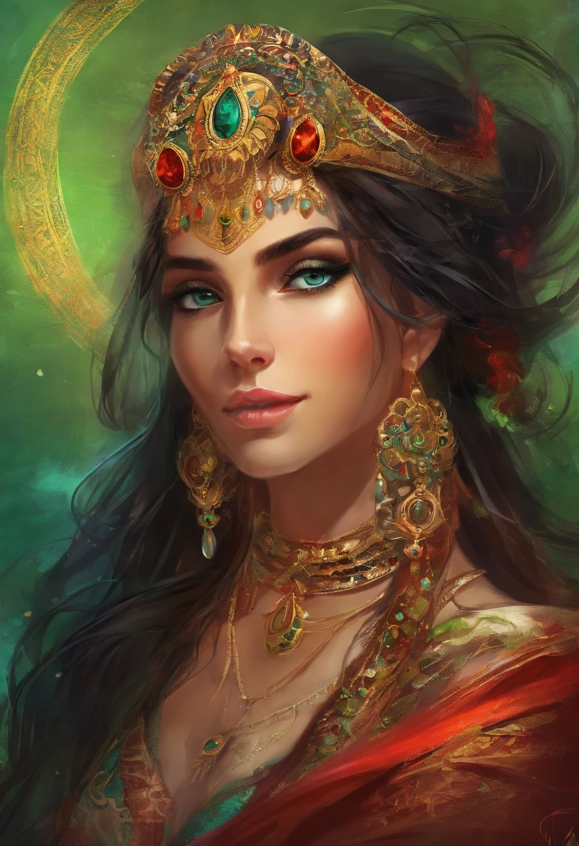 Portrait of a gypsy woman's face in high definition, round face, big bright green eyes, red full mouth, wearing big cascading earrings, dress with deep V-neck and silver embroidery, long black hair, woman with sexy and seductive eyes looking Camera.