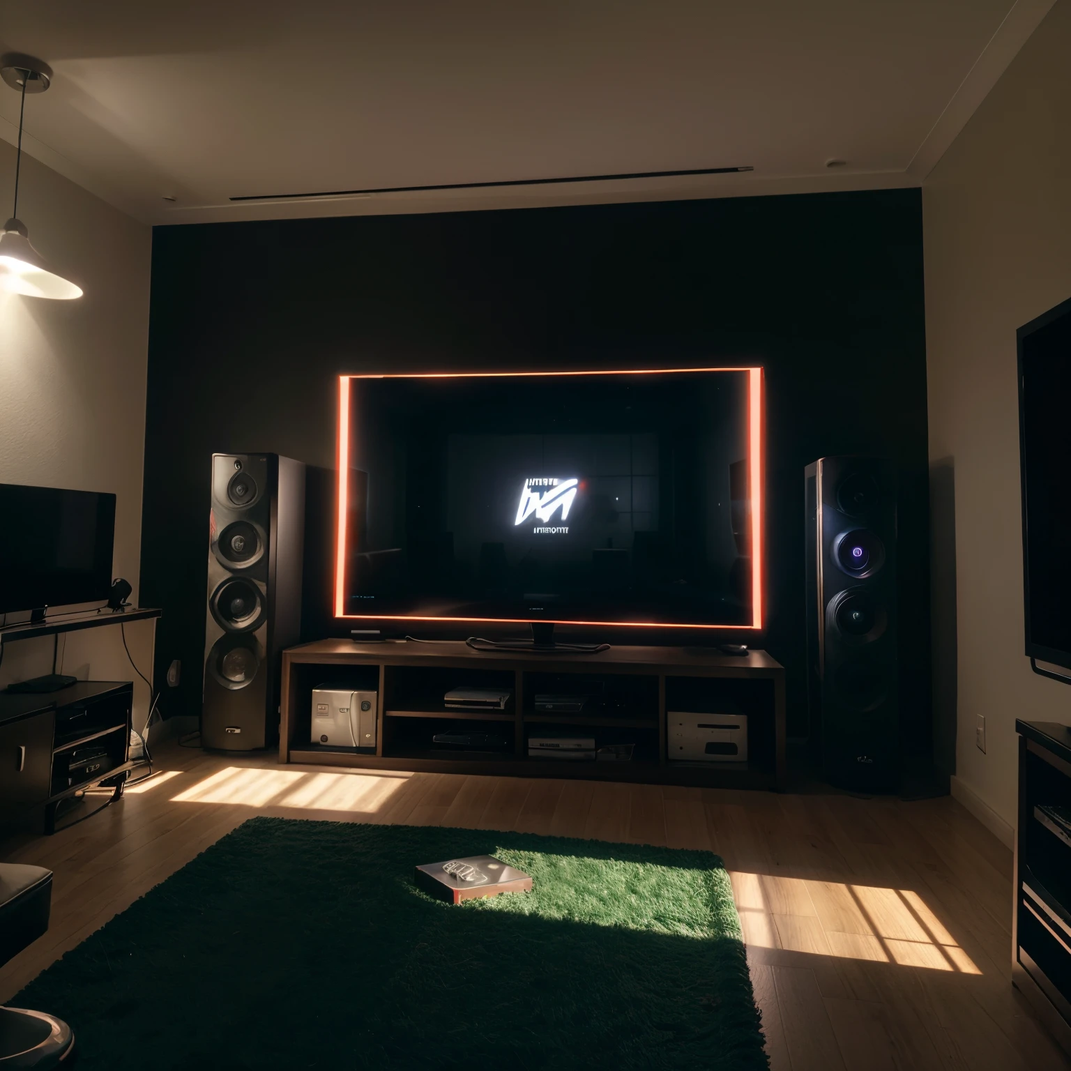 Hestyle interior view of the game room at night, noite 8k,  computador, quarto gamer