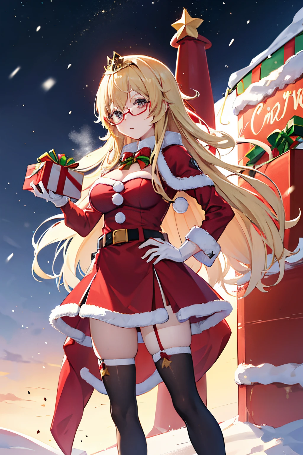 "anime girl, 1 person, bright blonde hair, glasses, crown on head, santa shirt, santa suit, winter suit, winter dress, red dress, big breasts, stockings, standing  cross legs, character perspective, snowfall, christmas gift box, christmas, solo, (full HD 4K+ image)"