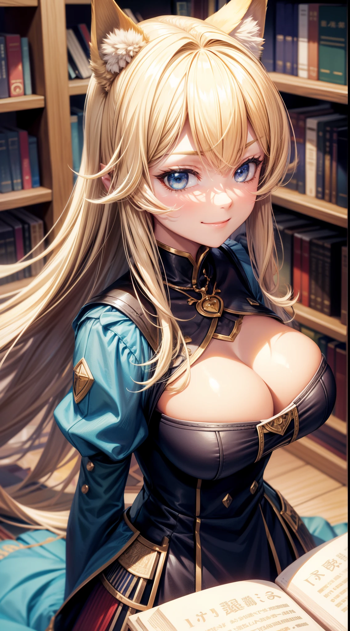 (Medium portrait:0.7), (best illuminate:1.1), (coiffed blonde hair:1.1), 1个Giant Breast Girl, Wolf ears, serious smile, Complex:0.6, medium, (ayaka:1.2), in the middle of the library, looking at book, Chopping:0.8, (canineteeth:0.4)