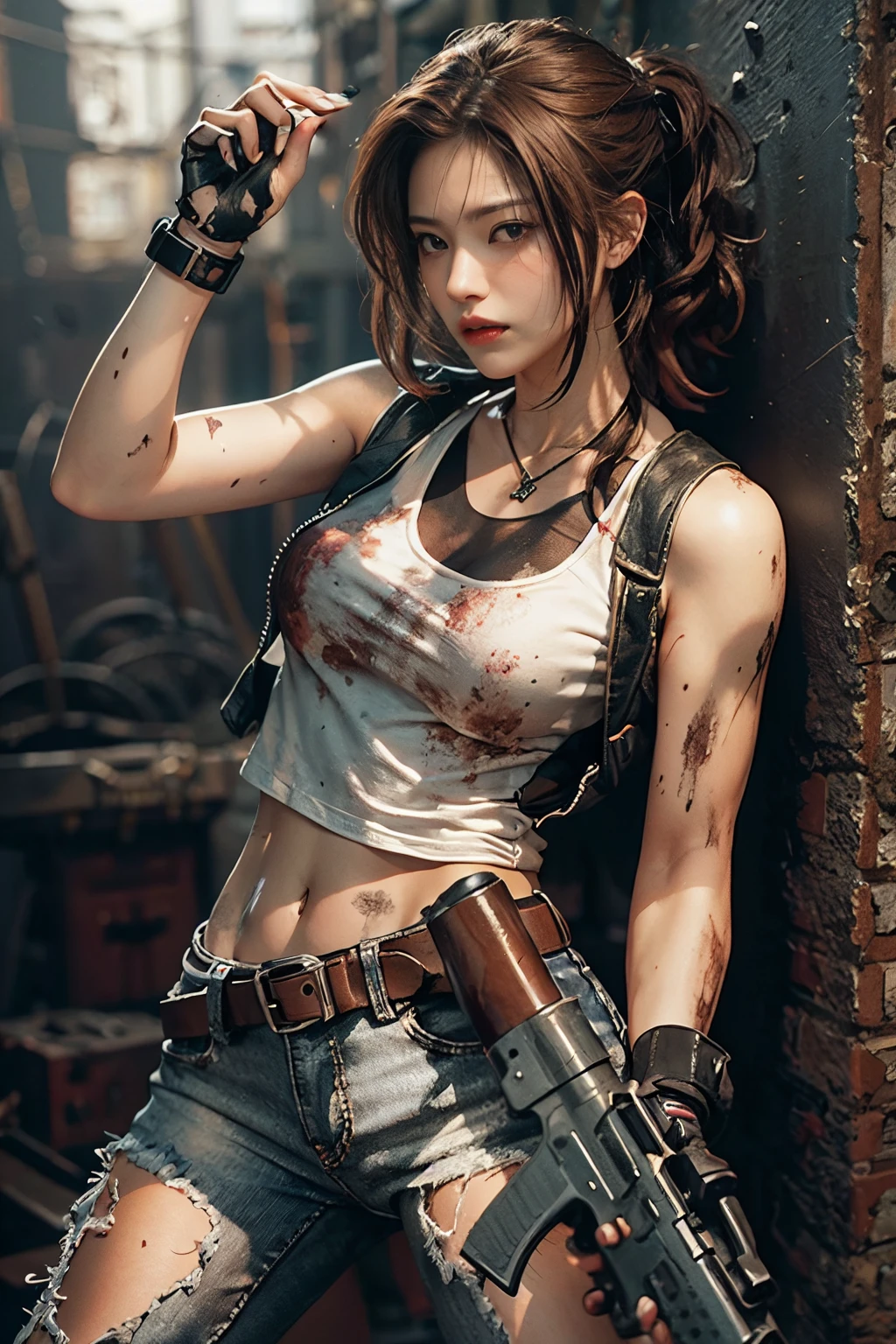 (Ultra-detailed, 8K, Raw photo, Best Quality, masutepiece:1.2), high-definition RAW color photography, professional photograpy, ((cowboy shot)), (Realistic, photographrealistic:1.37), ((Best Quality)), (finerly detailed face:1.2),((dark theme)),(((mid night))), (masutepiece:1.5), (Best Quality:1.2),dark_skin, slender, Narrow waist, muscular, (large breasts:1.4), Navel,(1 girl), (age19),(Solo), (Faintly emerging from the darkness:1.1), Short Bob Multicolor Hair ,(dieselpunk:1.5),action,(From below:1.2),(Metal prosthesis:1.4), Clockwork Choker, (Rusty Robotic Arm:1.5),(Navel), (Glowing metal parts:1.4),(Fine scratches on the surface:1.4),(Contrasty:1.2),(Weathering:1.4),(Aging:1.6),pale skin, White skin, (zettai ryouiki:1.5), (Very short leather vest),(Ripped_Short_Shorts:1.3),(Ripped_leather tank top:1.3),( Line:1.5)(Abs:1.25),
Wearing ((Rusted and damaged helmet:1.4)), Looking away, Damaged combat uniform, Damage to the flight jacket, Leather damage during wear, eye wear, (All the joints of the android's body are made of gears.),(Lots of ruins:1.3),(decline, Overgrown with ivy,A half-destroyed building overgrown with mossy broken window glass:1.2),(Drip the oil, 3 Dirt on the floor),(Lots of waste:1.2),(Rusty, broken, old machinery and vehicles), (Heavy_Rain:1.4),(((Midnight,darkness))),
panoramic photo, Wide-angle view, Immersive landscapes, Stunning views, Vast Scene, Visual depth, breathtaking perspectives,