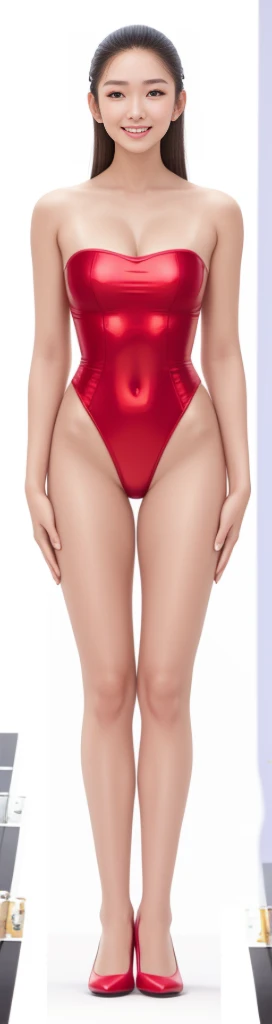on the white background,a tall and beautiful chinese girl,with fair skin,Toothy smile,Hefty Smile,When you laugh, Your eyes are crescent-shaped,bluntbangs, hair straight,Wear a one-piece swimsuit and pumps,Swimsuits are decorated with joyful patterns, standing straight,stand firm,hands on sides,Symmetrical distribution,Ray traching,All shaded areas, led floodlights, forward light, 1.4x True-to-life Ultra HD