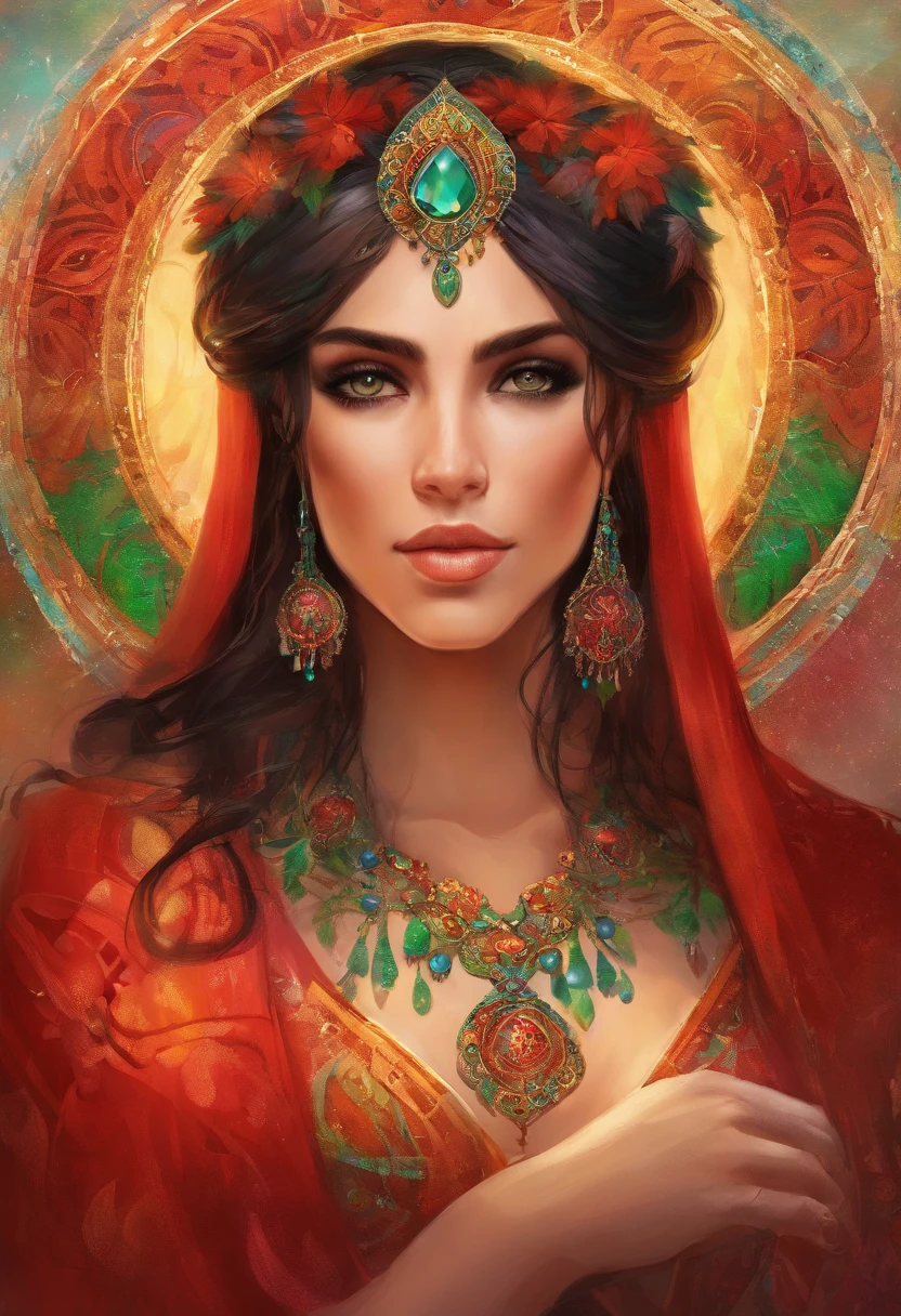 Portrait of a gypsy woman's face in high definition, round face, big bright green eyes, red full mouth, wearing big cascading earrings, dress with deep V-neck and silver embroidery, long black hair, woman with sexy and seductive eyes looking Camera.