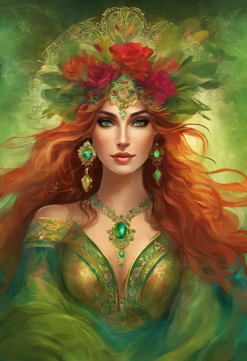Portrait of a gypsy woman's face in high definition, round face, big bright green eyes, red full mouth, wearing big cascading earrings, dress with deep V-neck and silver embroidery, long black hair, woman with sexy and seductive eyes looking Camera.