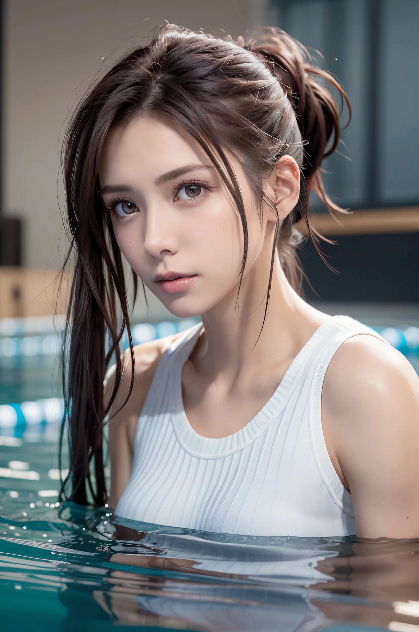 8K, of the highest quality, masutepiece:1.2), (Realistic, Photorealsitic:1.3), of the highest quality, masutepiece, Beautiful young woman, Pensive expression, Thoughtful look, Competitive swimmers、swim wears、Hair tied back, Cinematic background, Light skin tone