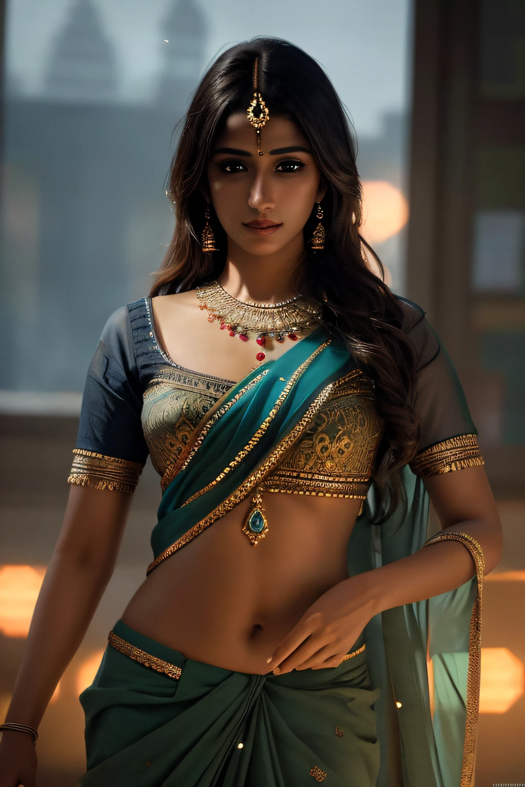 best quality, masterpiece, detailed, realistic, 1girl, detailed, realistic body, detailed eyes, Indian girl, Indian saree, looking at viewer, fair skin, modern, navel, indian model, cinematic lighting, (volumetric lighting), ultra realistic, photorealistic, sharp focus, absurdres, (HDR:1.2), (high contrast), photograph, detailed and intricate, instagram, portrait, highly detailed, digital painting, artstation, concept art, smooth, sharp focus, illustration, cinematic lighting