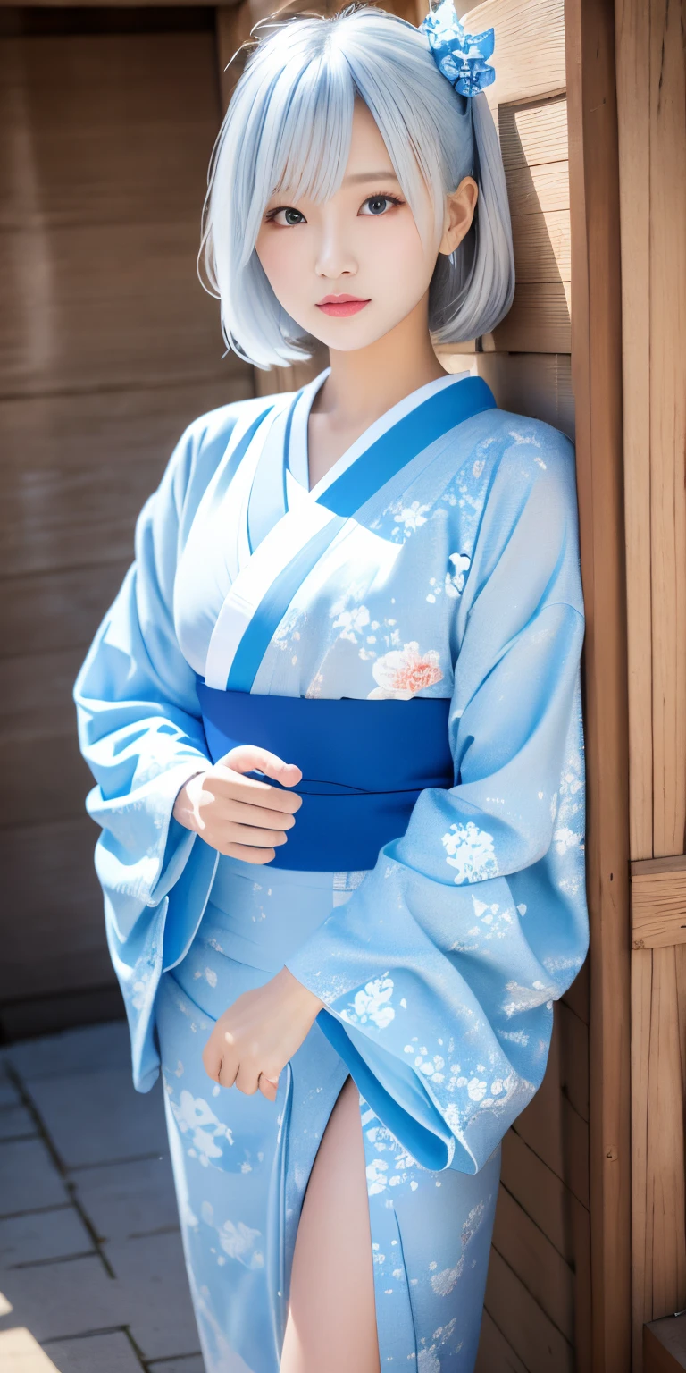 (Light blue kimono:1.2)、(Komono:1.2)、(Bright floral pattern)、(long-sleeve)、1 girl、full body Esbian、(white  hair、Long hair)、(reallistic:1.7)、((Top image quality))、absurderes、(超A high resolution)、(Photorealsitic:1.6)、Photorealsitic、octane renderings、(hyper realisitic:1.2)、(photorealiscic face:1.2)、(8K)、(4K)、(​masterpiece)、(realistic skin textures)、(illustratio、Cinematographic lighting、wall-paper)、(Same size left and right、beautidful eyes:1.2)、((((face perfect))))、(cute little)、(is standing)、red-lips、outside of house、(Japanese Style Country)、Detailed cute face、Realistic Beauty、Light in the eyes、Looking at the camera、placket、Dimples