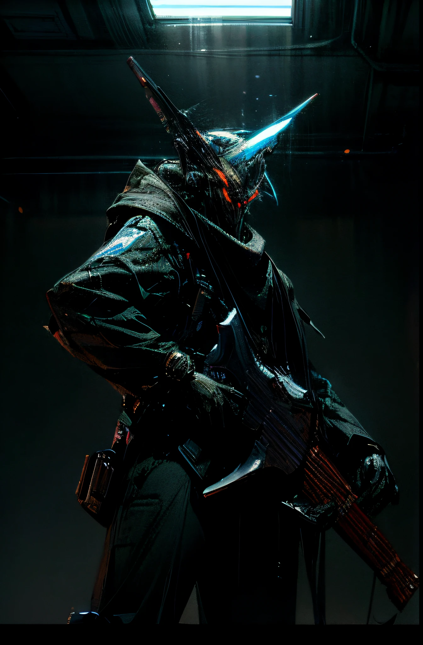 A futuristic creature, with cinematic lighting. The background is from a sci-fi movie. The character is holding a gun shaped guitar in his hand