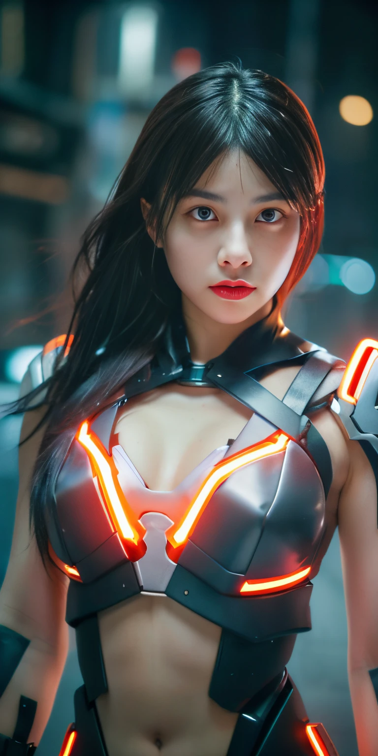 Gundam girl, mech body, Cyberpunk, Mechanical body, body made of metal, Face, Chest and thighs are raw skin, Cleavage is visible, Orange Eyes, Glowing eyes, metalic, Detailed neon, Small LED, delicate parts, cables, cylinder star piece: 1.3), (8K, Photorealistic, RAW Photos, Best Quality: 1.4), (1 Beautiful face of Japanese cyborg girl,