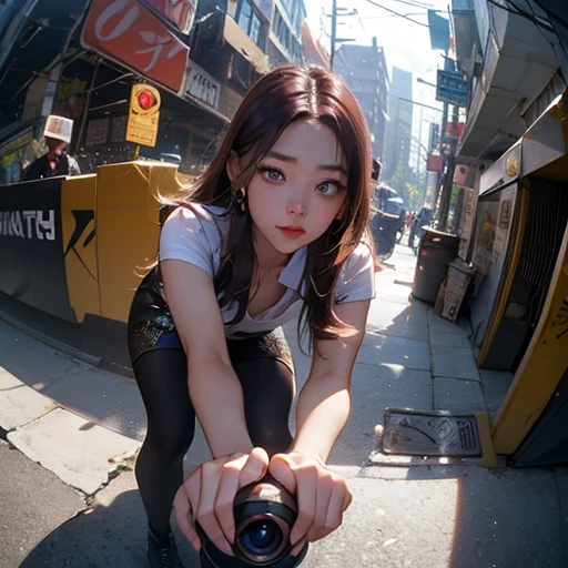 (masterpiece, best quality:1.3, fisheye), extremely high detailed, intricate, 8k, HDR, cinematic lighting, front pov ((street:1.4, bent over against pov, hands grabing viewer )), yuna, petite, slim waist, wide hips, narrow face, plump cheeks, small boobs, wearing a loose fitted ootd.