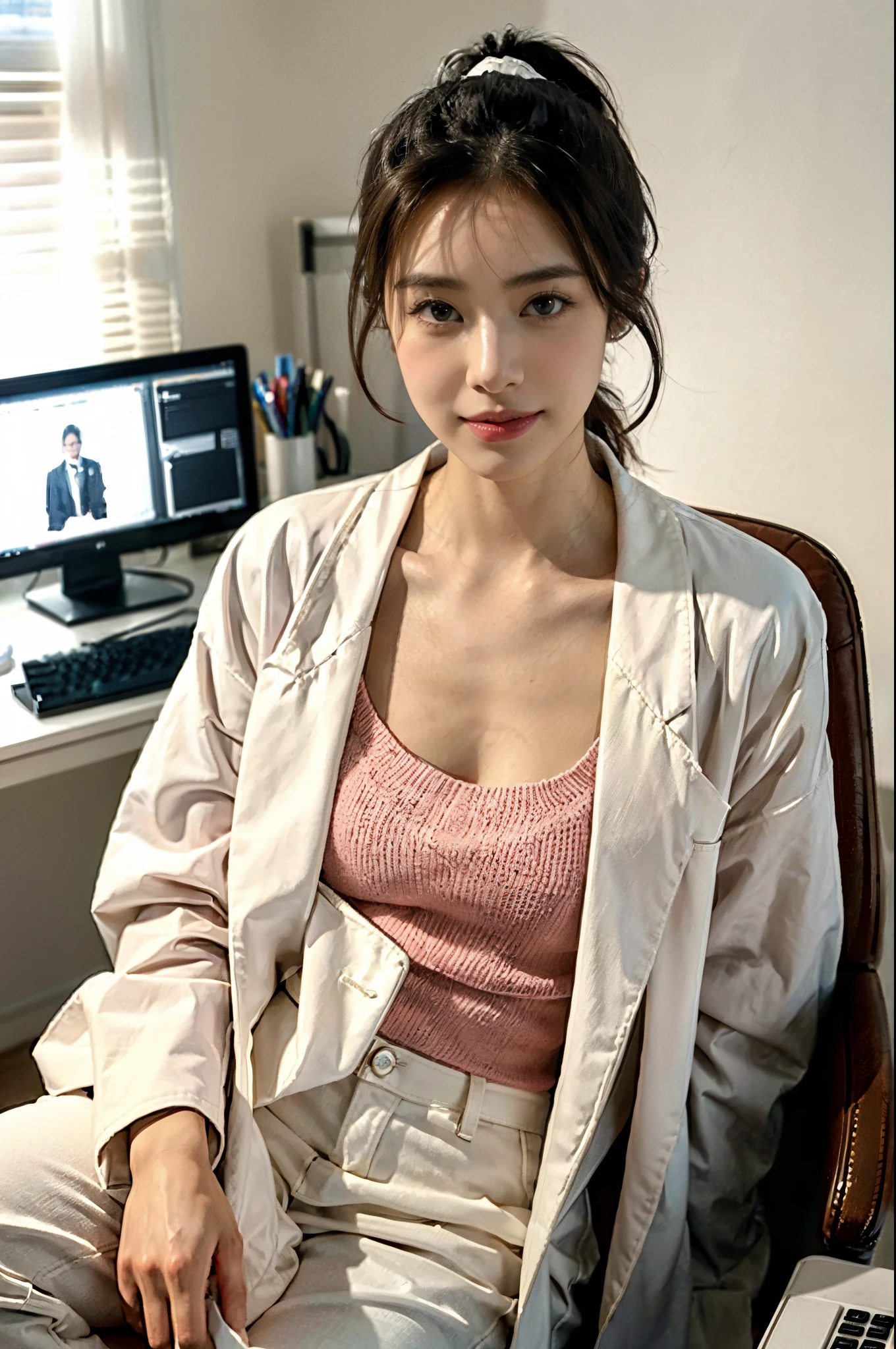 (Sitting posture 1.3),(Facing straight ahead 1.3),(1 girl),(Stock Highlight 1.3),(Shirt 1.3),(Cardigan 1.3),(Panties 1.3),Dynamic Angle,Attention to detail,Depth of written boundary,135mm,Textured skin,Super detailed,high quality,Awards,最high quality,High resolution,8K,White skin,Sun light,stylish,Perfect composition,最high quality,Very detailed,masterpiece,Cute face,Big smile,Beauty,Age 25,At the office,Sit on a chair,Tabletop,supreme beauty,masterpiece,