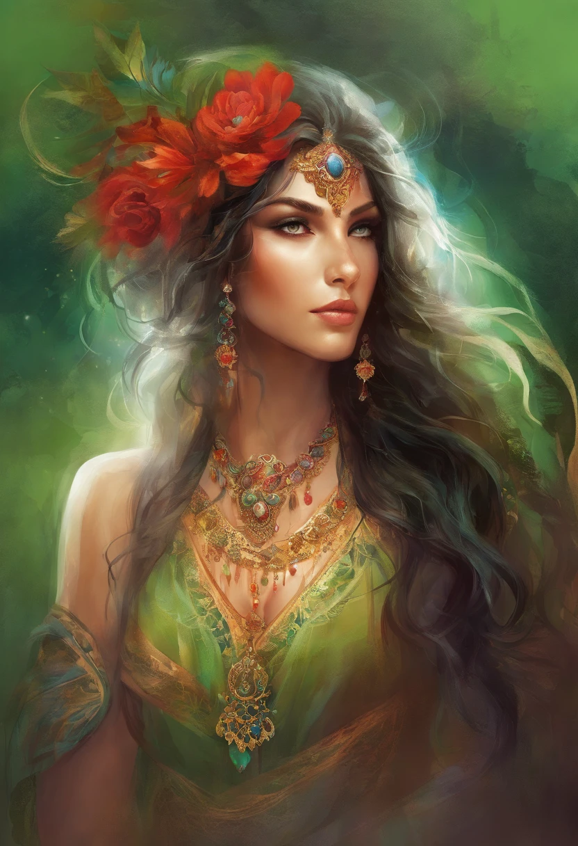 Portrait of a gypsy woman's face in high definition, round face, big bright green eyes, red full mouth, wearing big cascading earrings, dress with deep V-neck and silver embroidery, long black hair, woman with sexy and seductive eyes looking Camera.