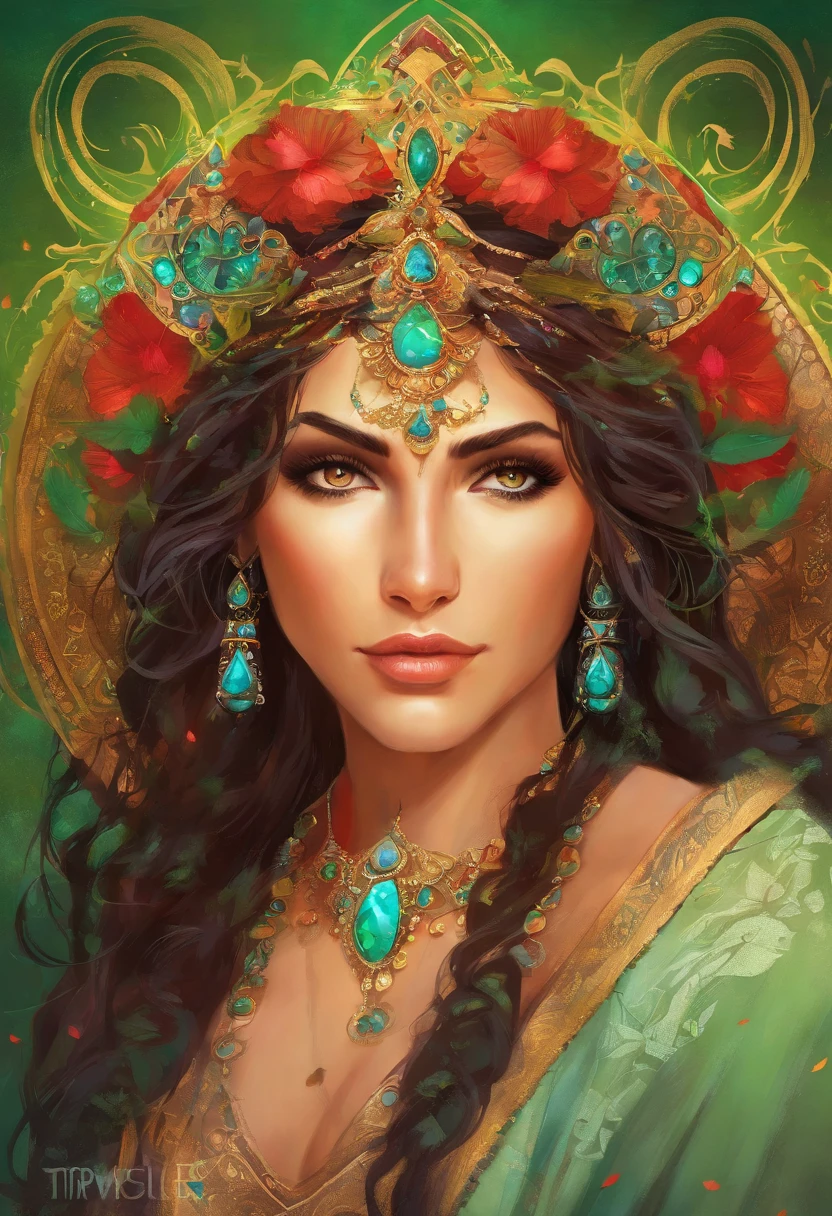 Portrait of a gypsy woman's face in high definition, round face, big bright green eyes, red full mouth, wearing big cascading earrings, dress with deep V-neck and silver embroidery, long black hair, woman with sexy and seductive eyes looking Camera.