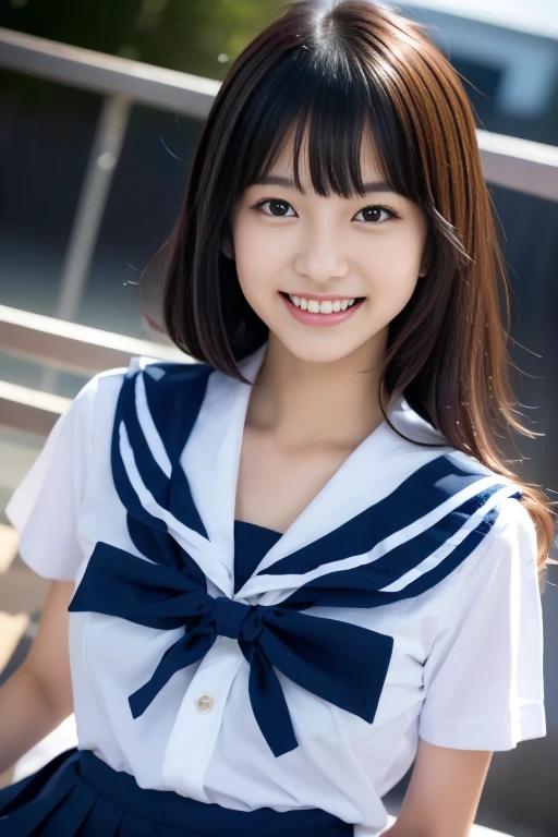 Close up of woman posing for photo, Japanese Models, Beautiful Asian Girl, 18-year-old female model, 4K、bangss、A dark-haired、bobhair、Middle hair、Straight hair、(white shirt, Sailor School Uniform, Dark blue pleated skirt:1.2), (Super cute face in idol style:1.2)、slim and beautiful figure、beutiful breast、A smile
