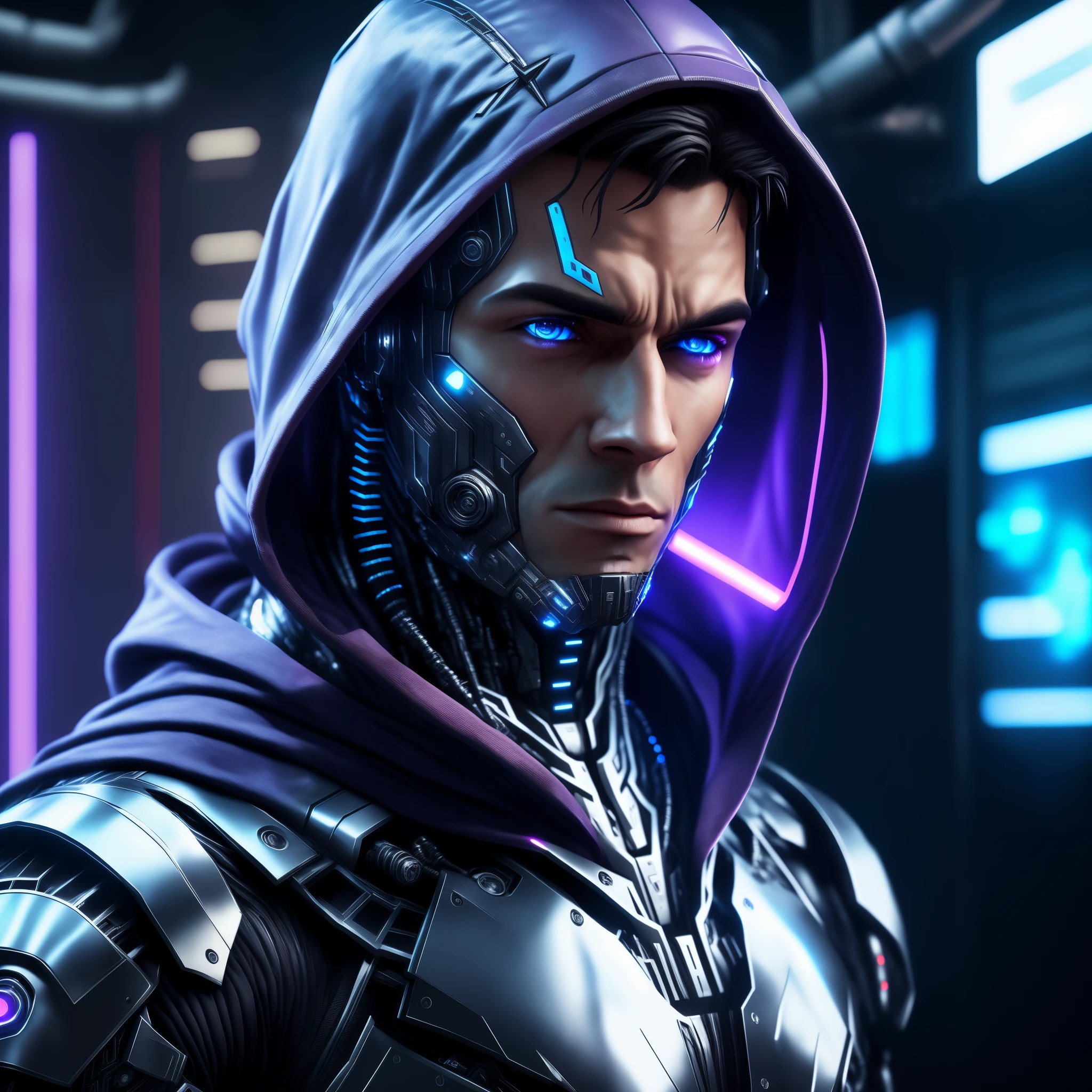 arafed man in a futuristic suit with a hood and a hoodie, cyborg male, male cyborg, detailed portrait of a cyborg, portrait of a futuristic robot, close-up portrait of cyborg, cyborg fashion model, portrait of a cyberpunk cyborg, anton fadeev 8 k, movie still of a cool cyborg, cyborg in the data center