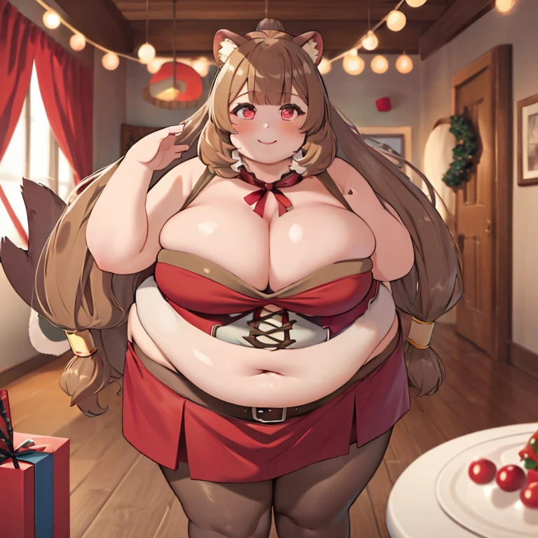 (masterpiece, best quality:1.2), solo, 1girl, obese raphtalia, smile, looking at viewer, cute pose, obese body, red christmas bikini, standing, pantyhose, raccoon tail, indoors,
