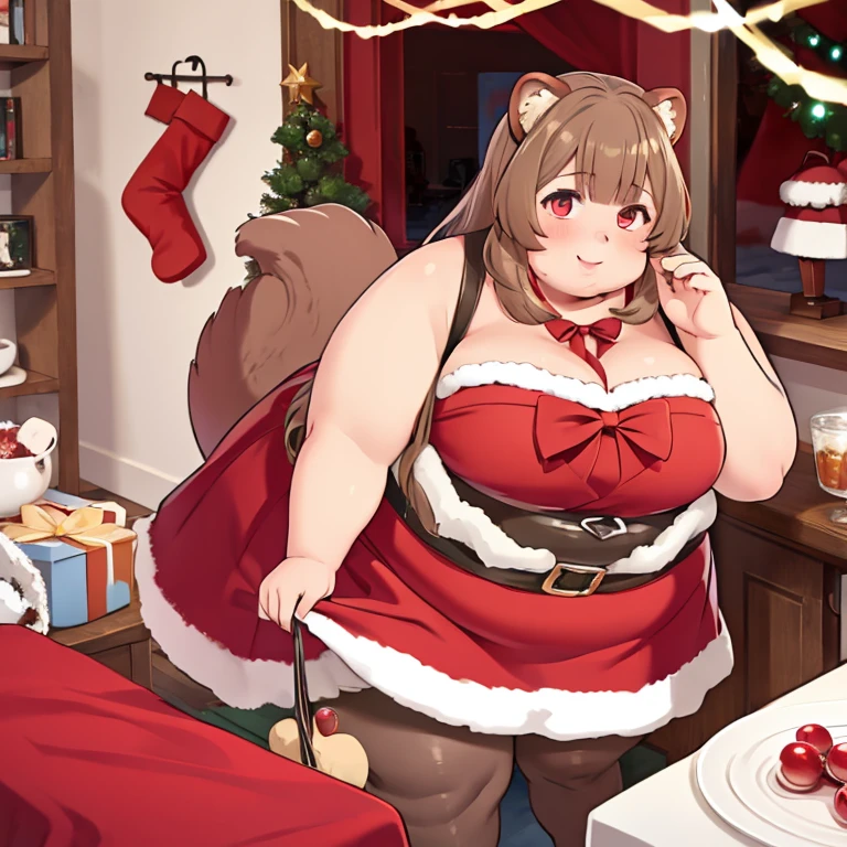 (masterpiece, best quality:1.2), solo, 1girl, obese raphtalia, smile, looking at viewer, cute pose, obese body, red christmas bikini, standing, pantyhose, raccoon tail, indoors,