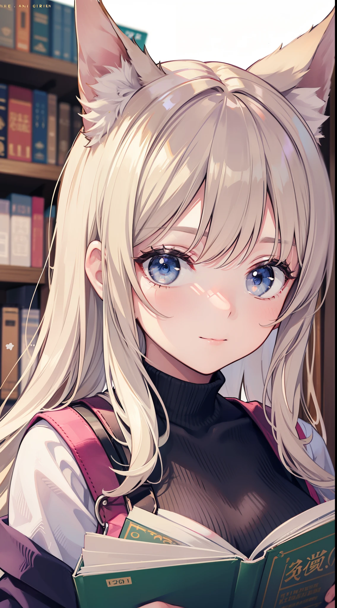 (Medium portrait:0.7), (best illuminate:1.1), (coiffed blonde hair:1.1), 1个Giant Breast Girl, Wolf ears, serious smile, Complex:0.6, medium, (ayaka:1.2), in the middle of the library, looking at book, Chopping:0.8, (canineteeth:0.4)