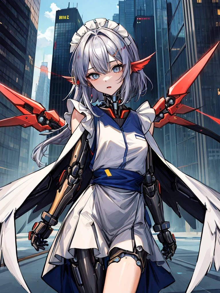 top-quality、ighly detailed、masterpiece、ultra-detailliert、illustratio、((1girl in))、silber hair、length hair、Floating hair、、Cyber City、Neon building、(The upper part of the body:1.05)、extremely_Detailed_Eyes_And_Face,cybernetic wings mechanical wings、Random posture、Skyscraper、、Mechumusume、shrine maiden clothe,maid clothes、Random angles、anime styled,cowboy shot