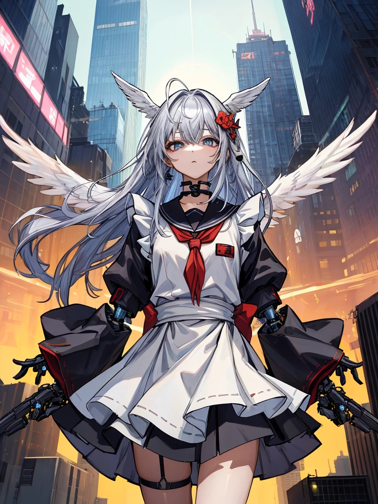 top-quality、ighly detailed、​masterpiece、ultra-detailliert、illustratio、((1girl in))、silber hair、length hair、Floating hair、、Cyber City、Neon building、(The upper part of the body:1.05)、extremely_Detailed_Eyes_And_Face,cybernetic wings mechanical wings、Random posture、Skyscraper、、Mechumusume、shrine maiden clothe,maid clothes、Random angles、anime styled,cowboy  shot