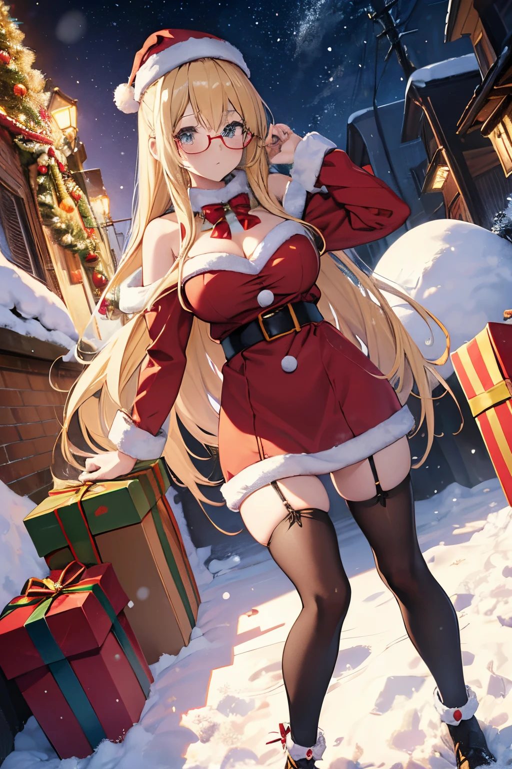 "anime girl, 1 person, bright blonde hair, glasses, crown on head, santa shirt, santa suit, winter suit, winter dress, red dress, ???????????, stockings, standing  cross legs, character perspective, snowfall, christmas gift box, christmas, solo, (full HD 4K+ image)"