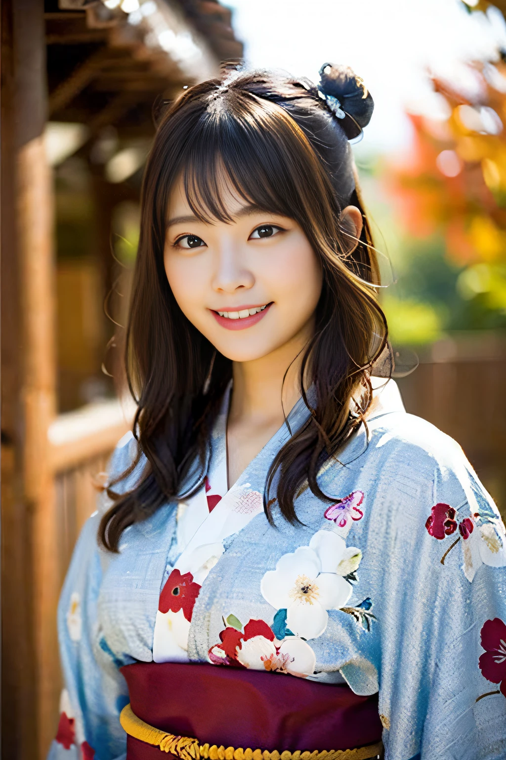 (8K、Raw photography、top-quality、masterpiece:1.2)、(realisitic、Photorealsitic:1.37)、ultra-detailliert、超A high resolution、1人、see the beholder、beautifull detailed face、A smile、Constriction、(Slim waist) :1.3)、Beautiful detailed skin、Skin Texture、Floating hair、Professional Lighting、Whole human body、a blond、Japanese Yukata、Floral yukata、Yukata with autumn leaf pattern、autumnal、Colored leaves、Red ribbonob Hair、Happy smile、Suppin、Bun hairstyle