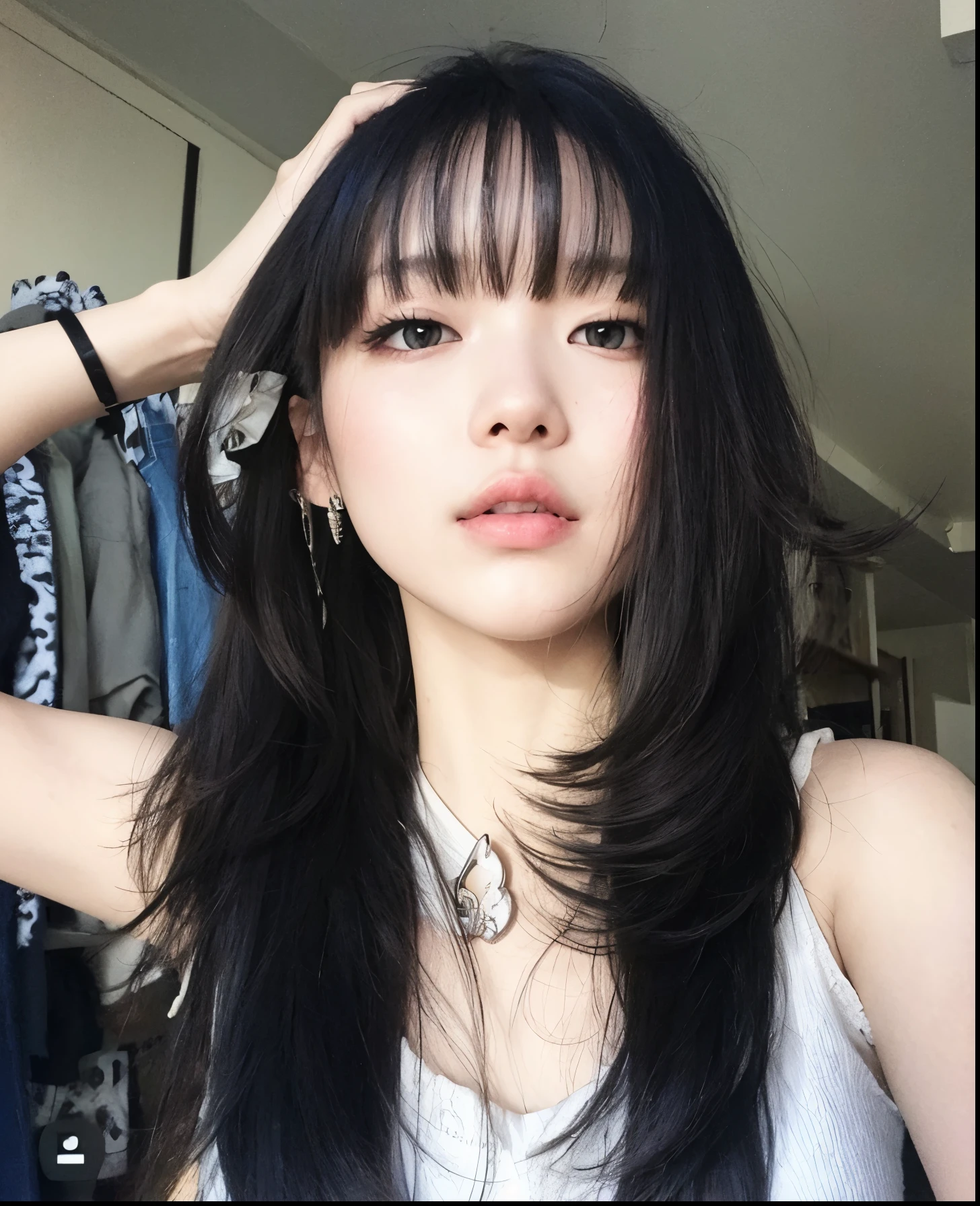 Arafed asian woman with long black hair and bangs posing for a photo, Ella tiene el pelo negro con flequillo, ulzzang, cabello blackbangs cabello, con flequillo, Cabello negro Hime cortado, con flequillo completo, flequillo esponjoso, Hermosa mujer surcoreana, Cabello largo y negro con flequillo, cruel korean goth girl, flequillo negro, Pelo largo con flequillo, Chica coreana