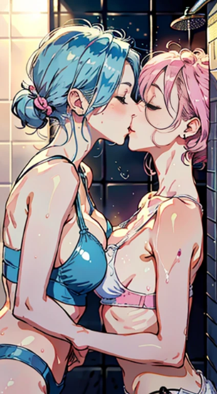 ​masterpiece, top-quality, Hi-Res,((( 2girls))), ((Yuri)), ((the kiss:1.4)), (French Kissing), red blush:0.2, closed her eyes:0.5, (tongue), (Saliva), ((Touch)), hand on the breastustup、bulging bust top、(pink brassiere)、Light Blue Bra、(Brown skin)、Whitening skin、(Pink hair)、(Light blue hair)、long eyelashes、(The voluminous lips)、lips 、Slender eyeig eyes with double eyelids)、a short bob、poneyTail、Ear-piercing、Blue eyerown eyes、round and big buttocks、toned little buttocks、(Pointed bust top)、((the whole body is wet))、beatiful backgrounds、Shower on the wall、Shower room、((Heavy shower))、浴室、Tiled、steam、Accurate drawing、Elaborate illustrations、Detailed drawing、Anatomy of the human body、Perfect picture、Perfect Beautiful Girl