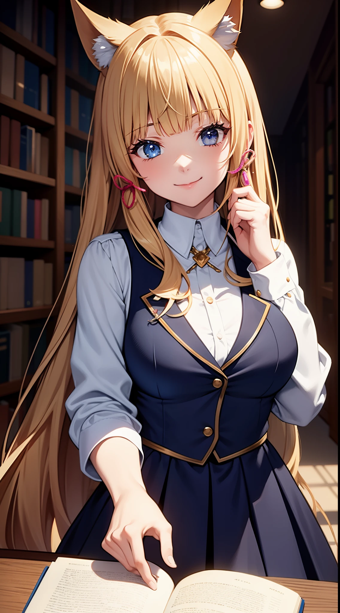 (Medium portrait:0.7), (best illuminate:1.1), (coiffed blonde hair:1.1), 1个Giant Breast Girl, Wolf ears, serious smile, Complex:0.6, medium, (ayaka:1.2), in the middle of the library, looking at book, Chopping:0.8, (canineteeth:0.4)