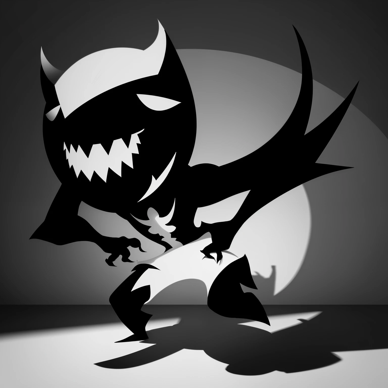 Vectorial art, black and white, plain 2d shadow, cool monster