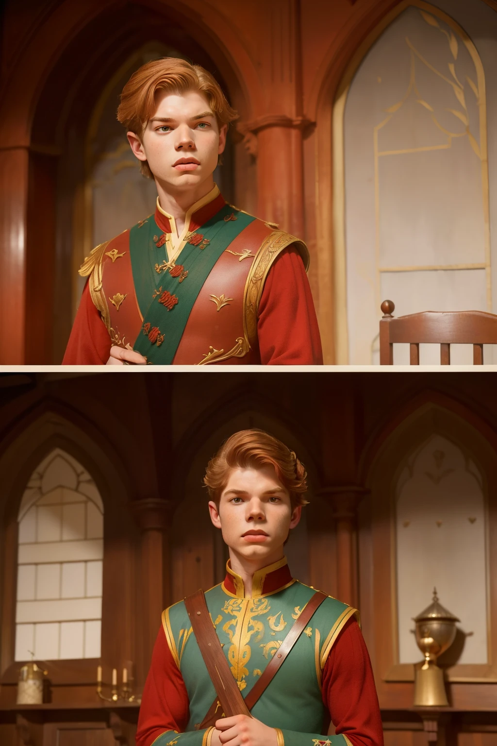 1136, Earlcastle, England. otherworldly scene in a luxurious medieval house, ((((19-year-old)) Hunter Parrish)), humiliated, red with ((anger, frowning)), ((((tunic from the 12th century)))), ((Hairstyle of the 12th century)), ((Wes Anderson cinematic style)), colorful