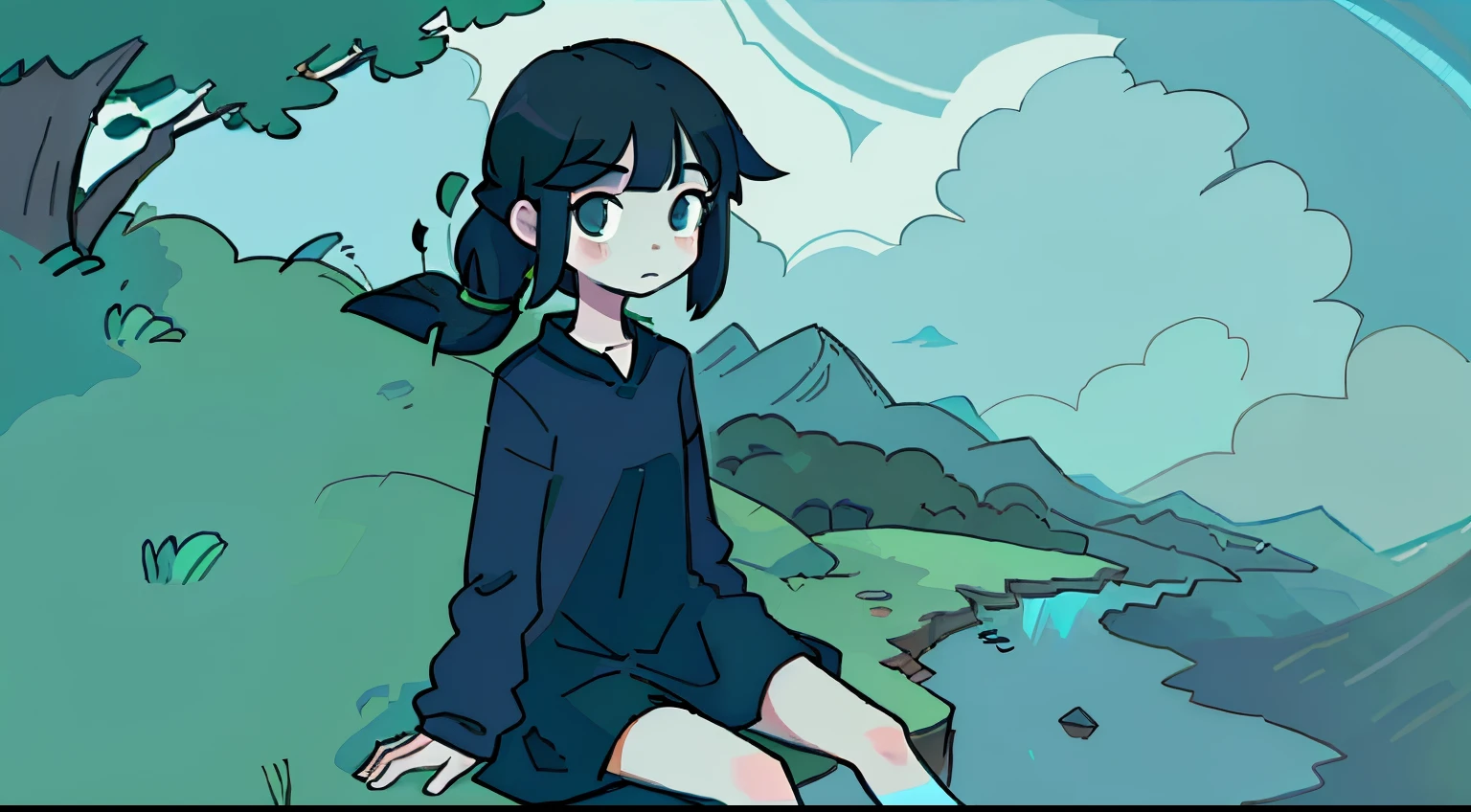 um alto, thin girl sitting on the floor looking at the landscape