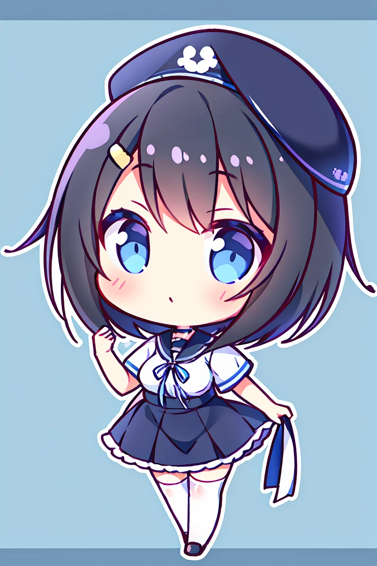 an anime girl, 1 person, Black hair, hair clip on the right side of bangs, Black Cap, Light blue eyes, white women shirt, A small light blue ribbon on the chest, Office Uniform, A tight-fitting shirt, Tight skirt, Stockings,Chibi,Full body, Big breasts, Front view, Solo