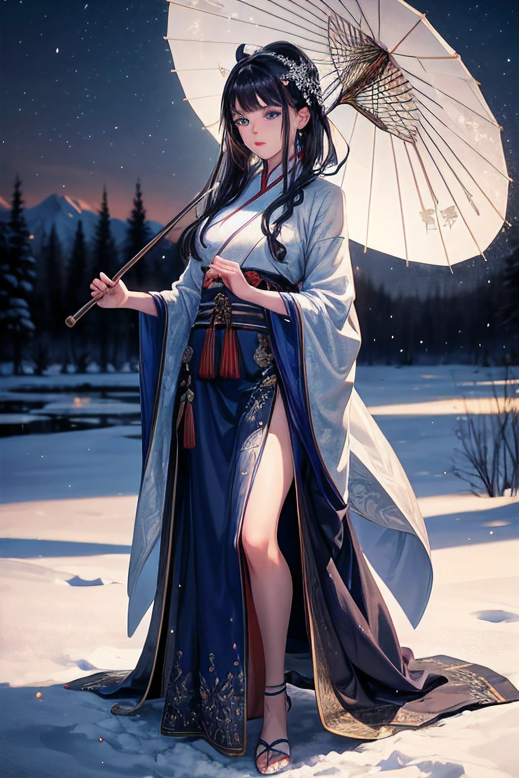 Top Quality, Realistic, Jet Black Background, High Resolution, Soft Focus, (Snowfall: 1.5), (Haze: 1.5), (In the Deep Forest), (Falling Snow), ((Snow Light)), (Blowing Snow)), (Snow Storm))))), (Ghost of a beautiful snow woman with jet-black long black hair in a white silver yukata), (((Gradually transparent from the waist: 1.5)))), anger, rage, melancholy, shaking black hair, hair luster, Shining skin, beautiful and beautiful, bewitching, chaotic, depth of field, (ghost: 1.5), (losing yourself in anger and forgetting the cold)), ((arms spread forward)), (monochrome: 1.5), (black and white: 1.5), (glaring platinum eyes), full body, bare feet