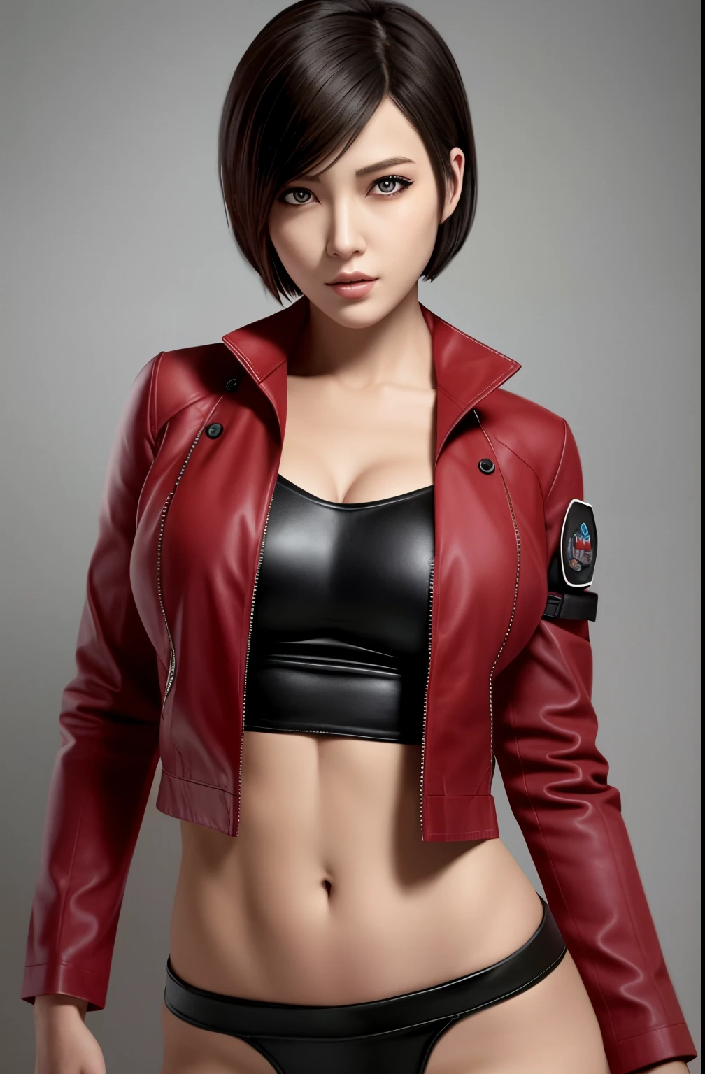 Resident Evil 6,ada,Ada Wong,ultra-quality,Photorealsitic,a red jacket,Black leather pants,An ultra-high picture quality,Digital SLR,Based on anatomical grounds,Depicted in detail,flat breast:1.5,A slight smil,Detailed face,