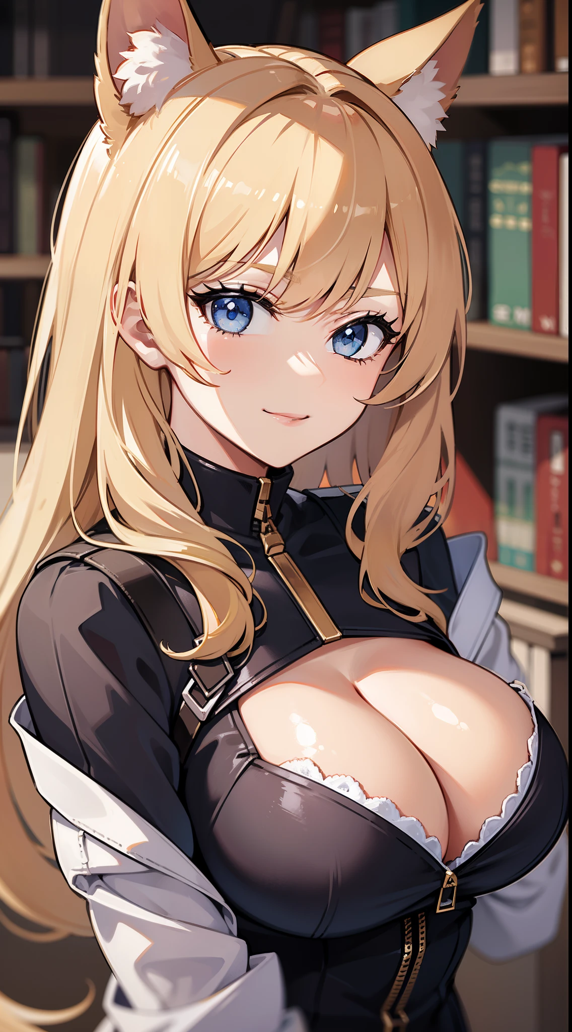 (Medium portrait:0.7), (best illuminate:1.1), (coiffed blonde hair:1.1), 1个Giant Breast Girl, Wolf ears, serious smile, Complex:0.6, medium, (ayaka:1.2), in the middle of the library, looking at book, Chopping:0.8, (canineteeth:0.4)