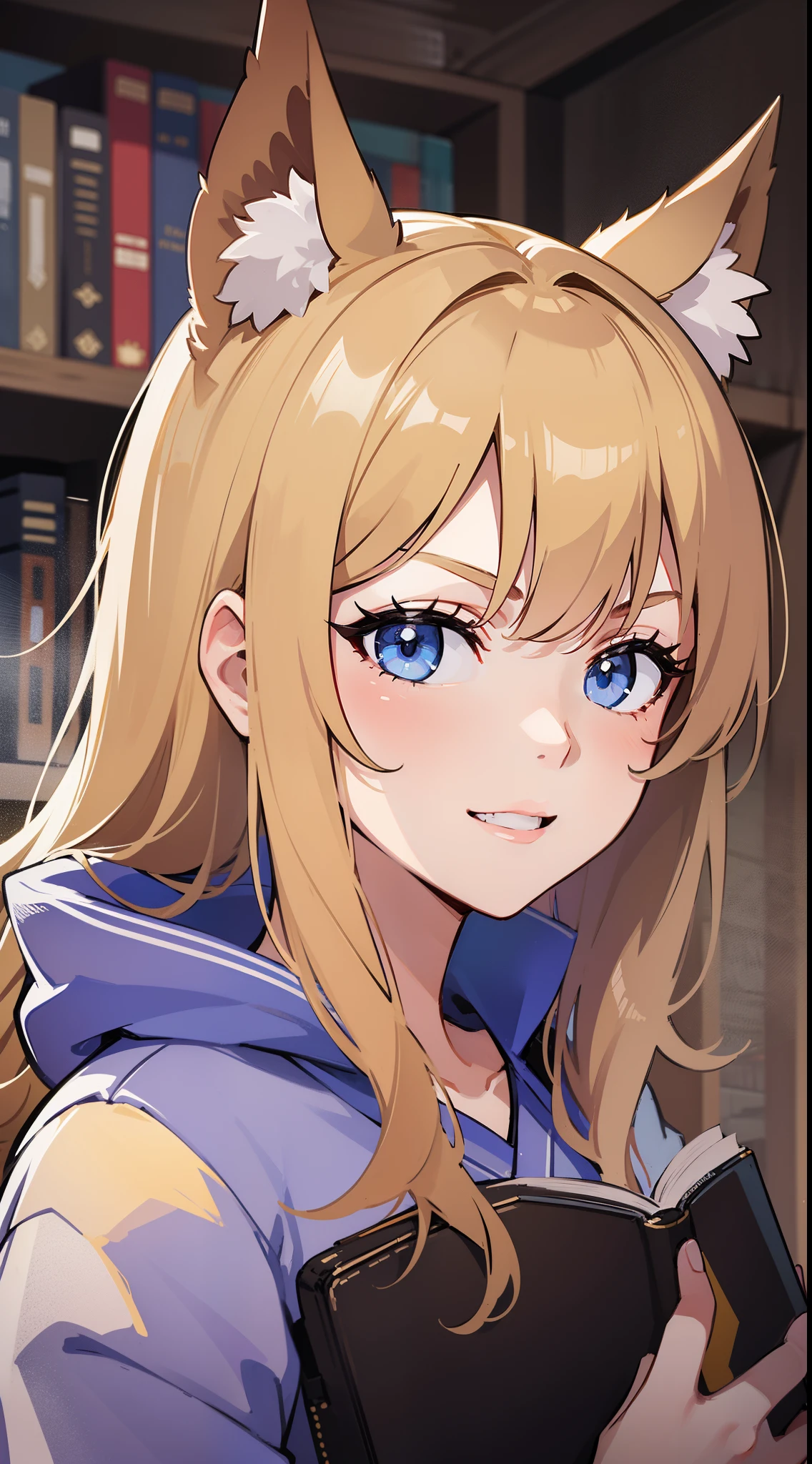 (Medium portrait:0.7), (best illuminate:1.1), (coiffed blonde hair:1.1), 1个Giant Breast Girl, Wolf ears, serious smile, Complex:0.6, medium, (ayaka:1.2), in the middle of the library, looking at book, Chopping:0.8, (canineteeth:0.4)