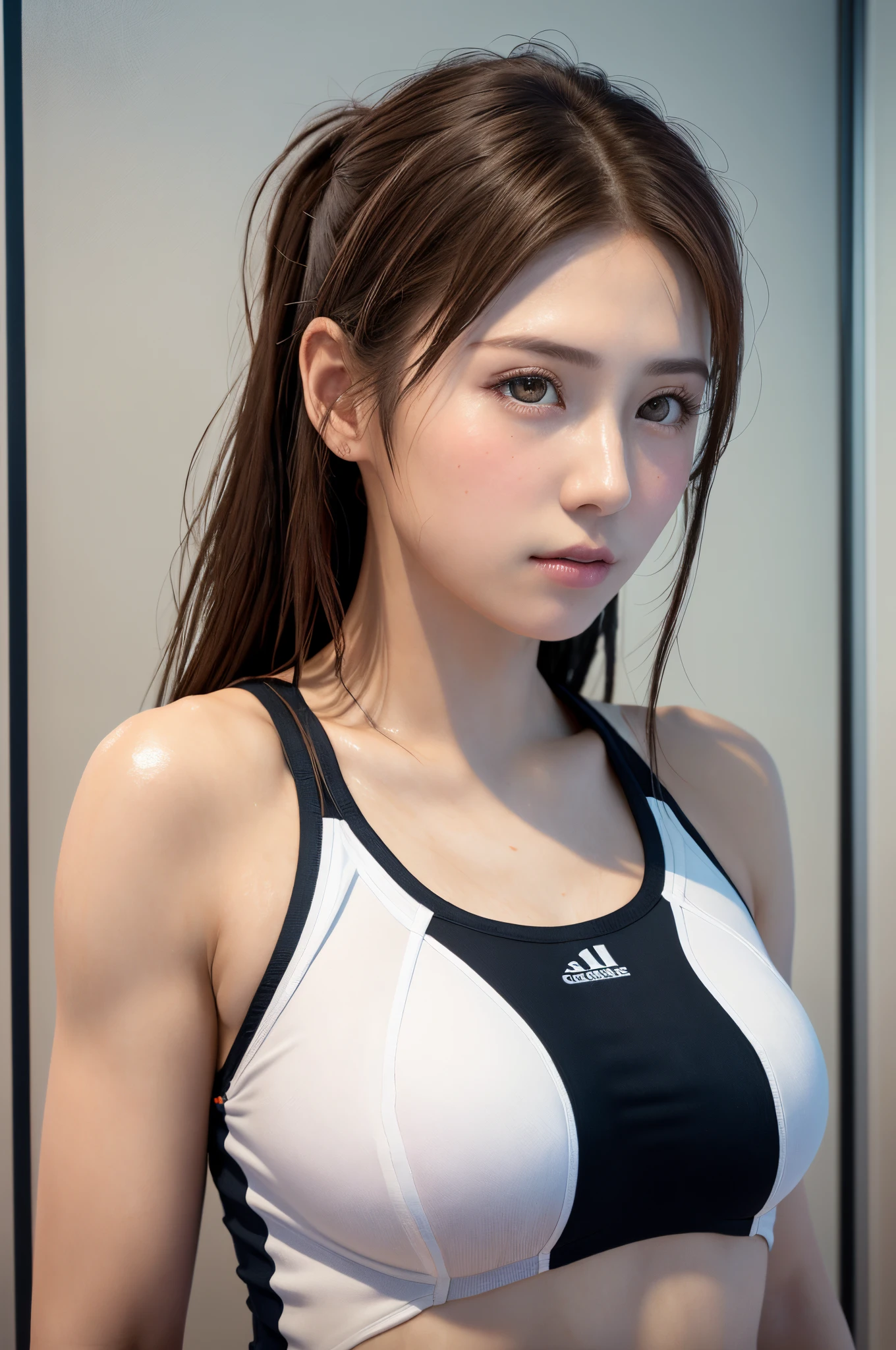 8K, of the highest quality, masutepiece:1.2), (Realistic, Photorealsitic:1.3), of the highest quality, masutepiece, Beautiful young woman, Pensive expression, Thoughtful look, Competitive swimmers、swim wears、Hair tied back, Cinematic background, Light skin tone