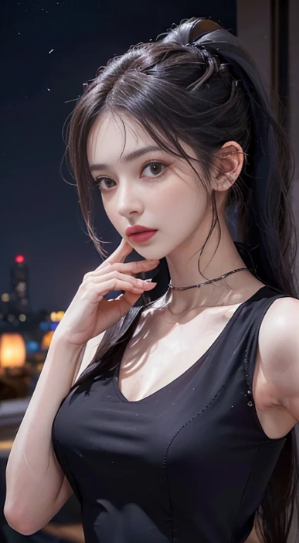 woman posing for a photo, (wearing deep_v-neck_dress:1.2), (long_ponytail_hairstyle:1.3),
good hand,4k, high-res, masterpiece, best quality, head:1.3,((Hasselblad photography)), finely detailed skin, sharp focus, (cinematic lighting), night, soft lighting, dynamic angle, [:(detailed face:1.2):0.2],(((5 stars hotel background))),