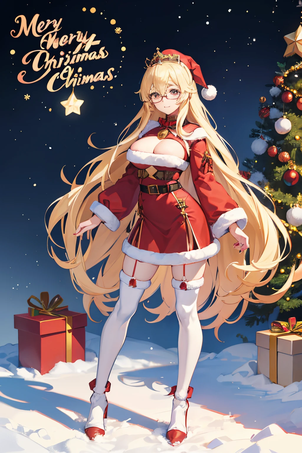 "anime girl, 1 person, bright blonde hair, glasses, crown on head, santa shirt, santa suit, winter suit, winter dress, red dress, big breasts, stockings, standing  cross legs, character perspective, snowfall, christmas gift box, christmas, solo, (full HD 4K+ image)"