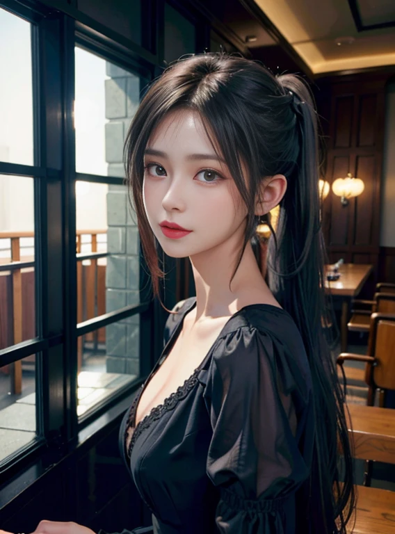 top-quality、超高分辨率、(真实感:1.4)、A beautyful girl、(Detail beautiful girl:1.4)、(Bigchest:0.8)、up looking_Show on the_peeping at the viewer、Detailed facial details、美丽细致的眼睛、Brown hair、mischief、thin、haunting smile、(cosmetics:0.3)、Redlip、The clothes are very detailed、(Urzan-6500-V1.1:0.3)，bunnygirl，Black ears，Red top，blacksilk