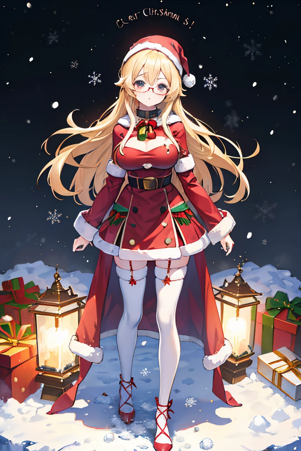 "anime girl, 1 person, bright blonde hair, glasses, crown on head, santa shirt, santa suit, winter suit, winter dress, red dress, big breasts, stockings, standing cross legs, character perspective, snowfall, christmas gift box, christmas, solo, (full HD 4K+ image)"