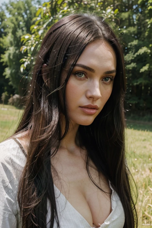 a woman with long black hair and green eyes in nature field western style with cows, with green eyes, with stunning green eyes, keine Falten, Modelgesicht wie Megan Fox, big lips, Ultrarealistische digitale Malerei, Hyperrealistische digitale Malerei, Ultrarealistische digitale Kunst, Hyperrealistische digitale Malerei, Ultrarealistische digitale Kunst, with deep green eyes, Ultrarealistische digitale Kunst, with green eyes, Genau, ultrarealistische Gesichter, Realistische digitale Malerei, mit schwarzbraunen Haaren, definierte Gesichtsturktur, texturierte Haut, spitzes Kinn, hohe Wangenknochen, feine Nase, Clubszene