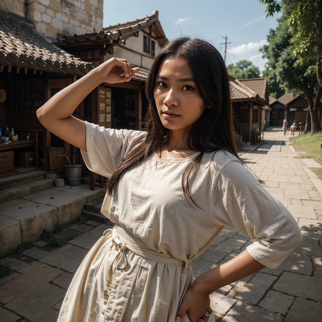 Indonesian woman, 30 years old, selling housewares and clothes, wearing simple clothes, medieval theme, in the middle of a village, seen from a fairly close distance, 4k, ultra realistic, photorealistic, cinematic, detailed facial features, realistic face, looking at the camera, detailed, very sharp, unity 8k, very detailed