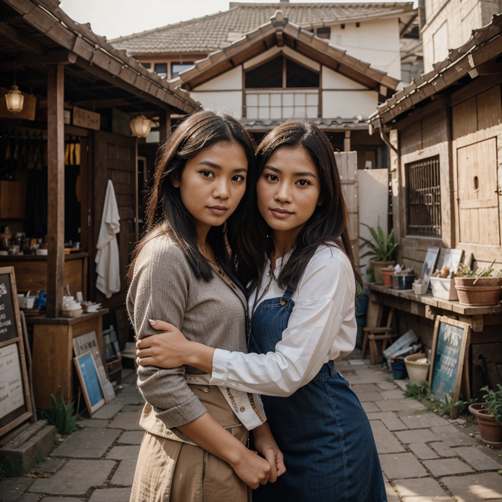 Indonesian woman, 30 years old, selling housewares and clothes, wearing simple clothes, medieval theme, in the middle of a village, seen from a fairly close distance, 4k, ultra realistic, photorealistic, cinematic, detailed facial features, realistic face, looking at the camera, detailed, very sharp, unity 8k, very detailed