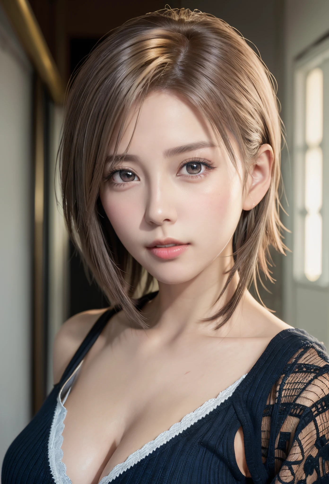 (8K, Photorealistic, Raw photo, of the highest quality: 1.3), (1girl in), Super beautiful, (Realistic face), (boyish, Silver Color Berry Shorthair), Beautiful , Glare that captivates the viewer, Beautiful expression, Beautiful breasts, (Realistic skin), Be...