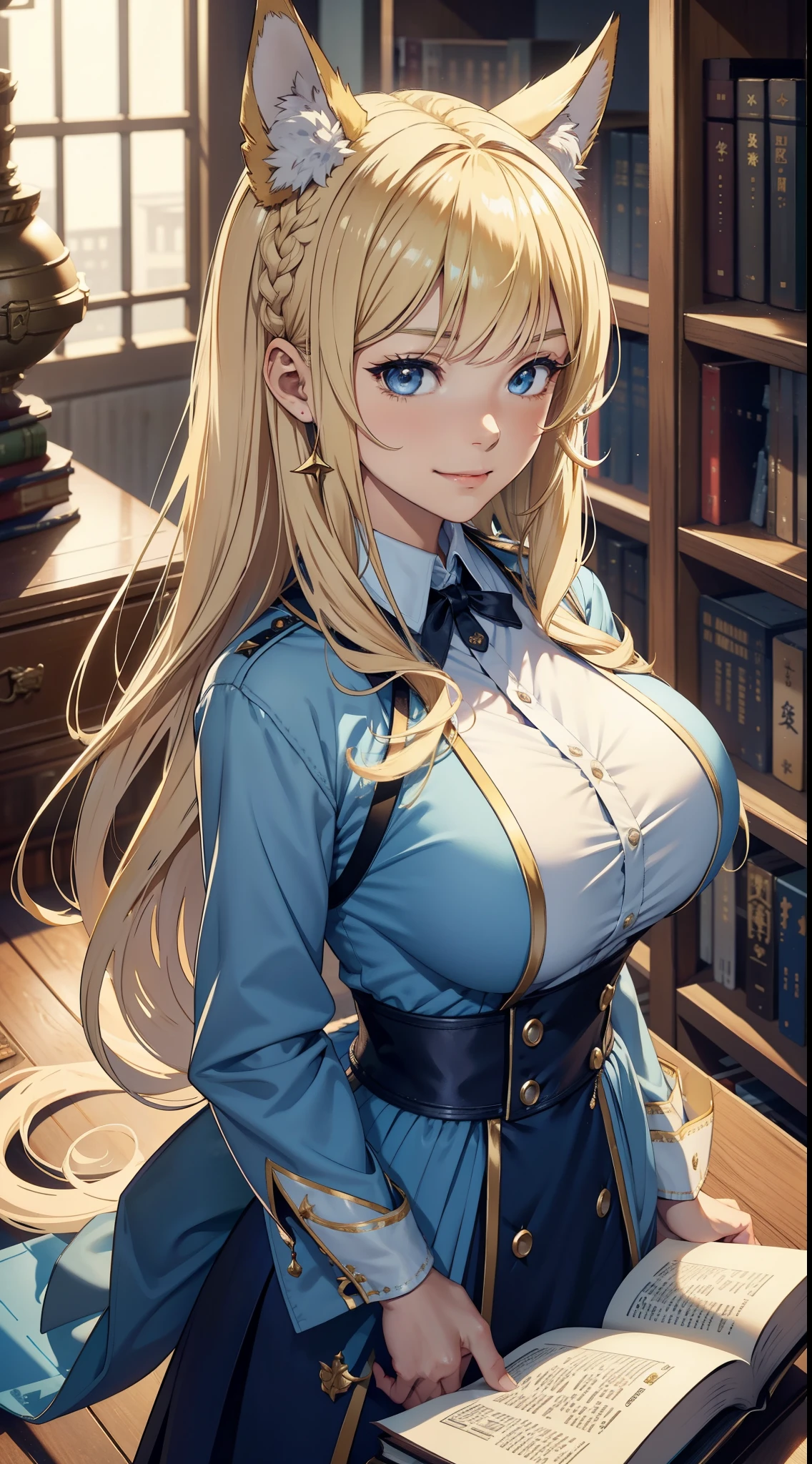 (Medium portrait:0.7), (best illuminate:1.1), (coiffed blonde hair:1.1), 1个Giant Breast Girl, Wolf ears, serious smile, Complex:0.6, medium, (ayaka:1.2), in the middle of the library, looking at book, Chopping:0.8, (canineteeth:0.4)