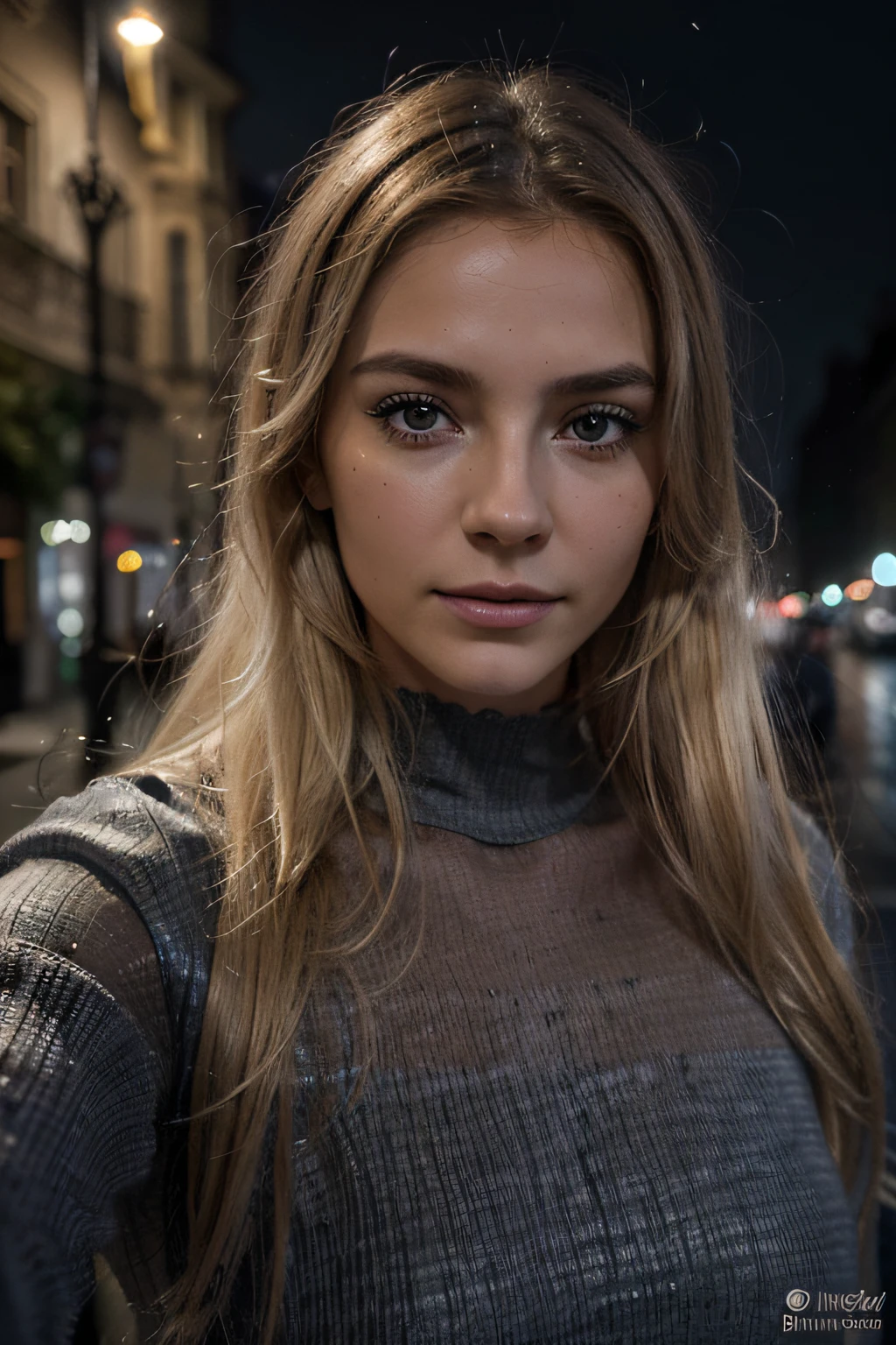 (Selfie, plan: 1.4), (Right half of the body: 1.4), Photo portrait RAW UHD d&#39;une blonde platine de 24 ans. Les cheveux très blondes et longs. mole on the face. beauty spot. Femme aux yeux bleus dans une belle rue sombre,, Ville la nuit, (rocher), (encolure), specifics (tissu! , cheveux! , briller , couleur!! , disadvantages: 1.1), Bright eyes with a high level of detail (staring into the camera), SLR lighting, Appareil reflex mono-objectif, ultra quality, re sharpness, profondeur de champ, Filmkorn (milieu), Fujifilm XT3, Limpide, Rhamenmitte, beau visage, mise au point nette, street lamp, Neonbeleuchtung, Bokeh (dimly lit), Nuit, (Ciel nocturne), detailed skin pores, peau grasse, coup de soleil, intricate eye details. Peau avec des imperfections. Pas d&#39;ombre sur le visage