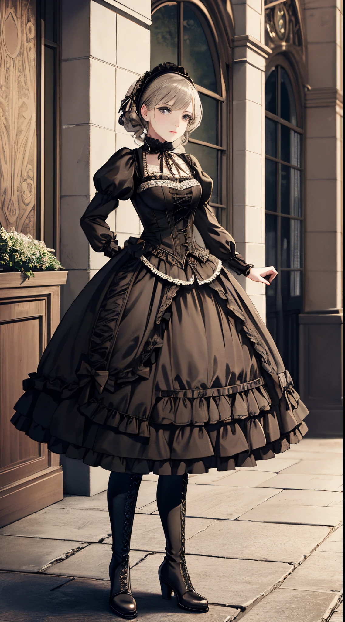 A woman in a dress and boots is standing in front of a building, baroque dress, in detailed steampunk dress, an elegant gothic princess, victorian gothic ****ta fashion, Historical Baroque Dress Dark, black gothic ****ta dress, fantasy style clothing, rococo dress, black rococo, classical witch, fantasy outfit, wearing a gothic dress, romantic dress, gothic dress