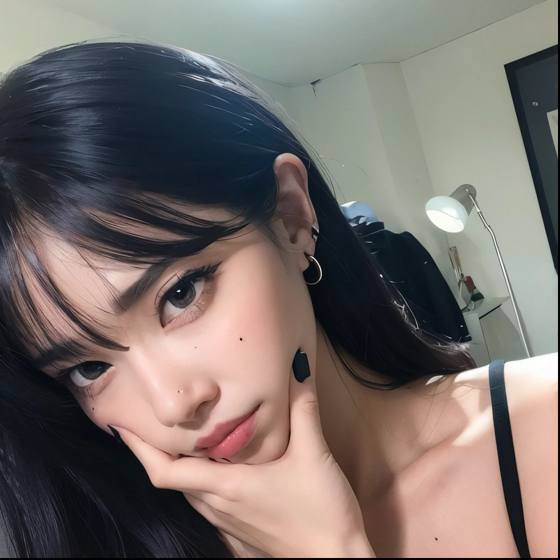 A close up of a woman with a black top and earrings - SeaArt AI